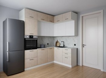 Кухонный гарнитур угловой Демо ЛДСП/МДФ  2200*1700 мм (Санвут) в Артёмовском - artyomovskij.mebel-e96.ru